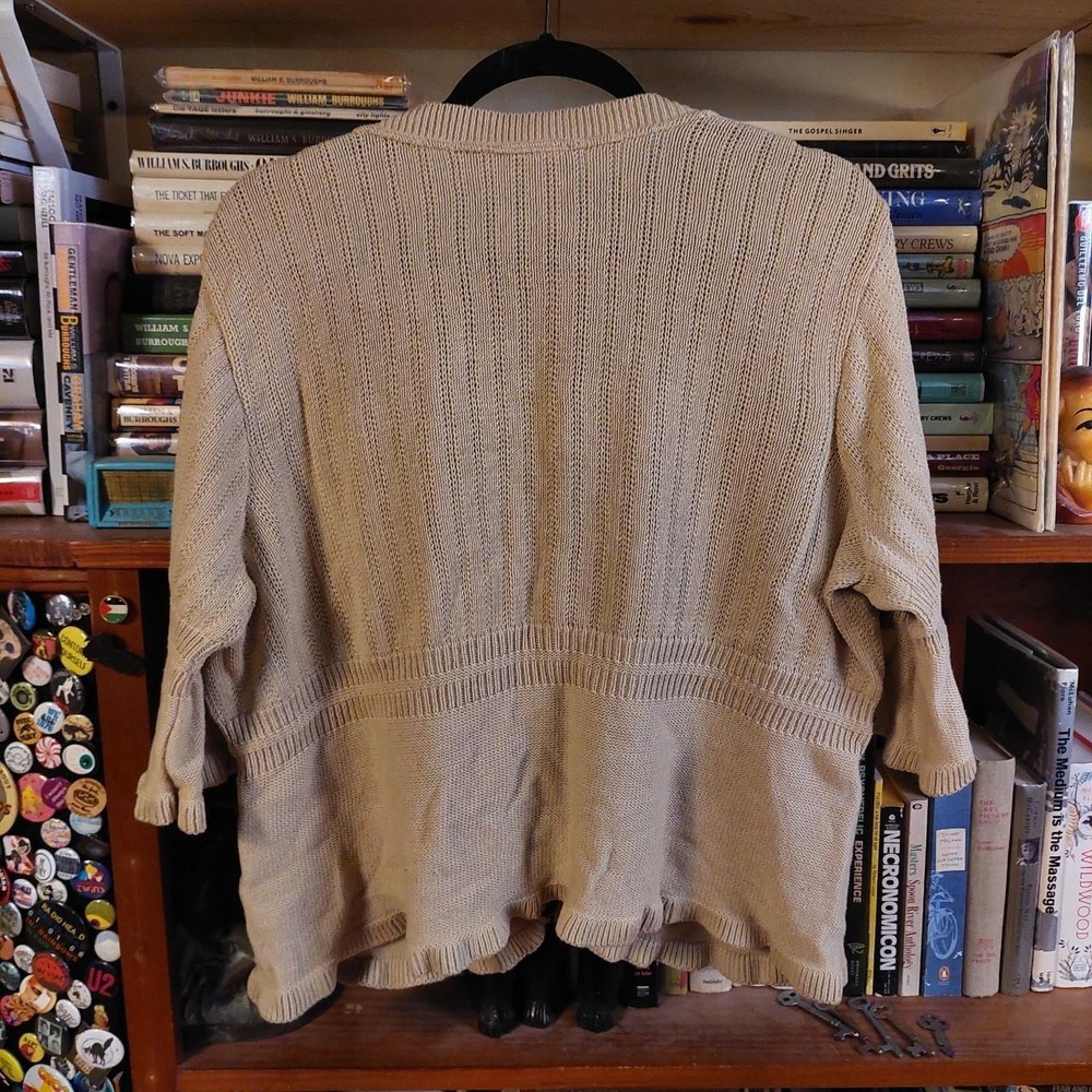 Vintage BFA Classics Tan Cotton Ruffle Cardigan Sweater Made in USA Large - Picture 2 of 6